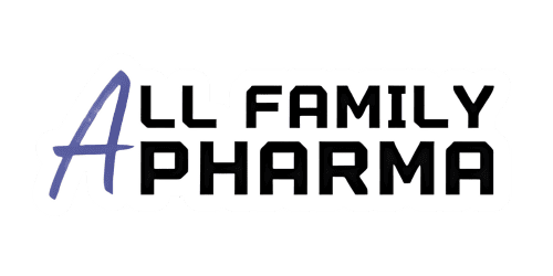 A black and white logo for all family pharmacy.